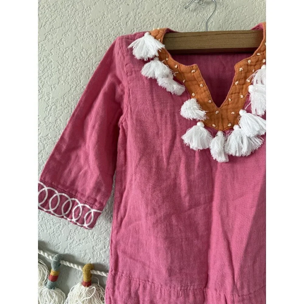 Mer St. Barth Serena Tassel Embroidered Gauze Pink Mini Little Girl Dress Boho 4